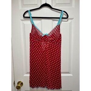 Cacique Size 14/16 Red Polka Dot Sheer Babydoll Chemise Lingerie Set Blue Straps